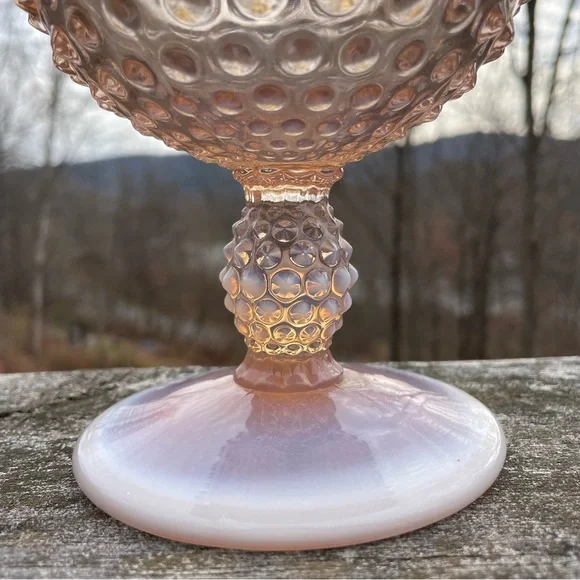 DUNCAN & MILLER Vintage 1940s Pink Opalescent Hobnail Crimped Footed Vase Cup - Picture 6 of 10